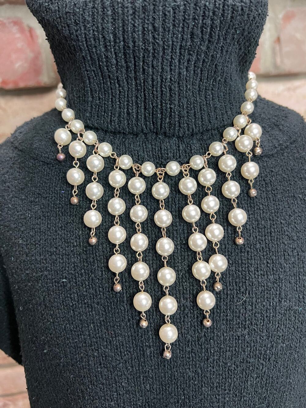 Vintage Faux Pearl Fringe Bib Necklace
